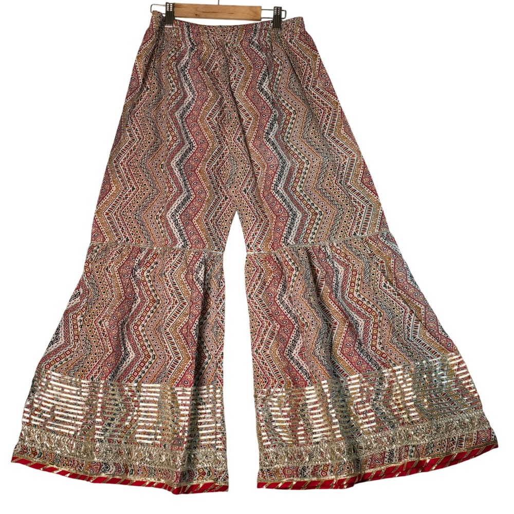 Boho Geometric Print Sharara Pants Red Gold Gota Patti Trim Wide Leg Trousers